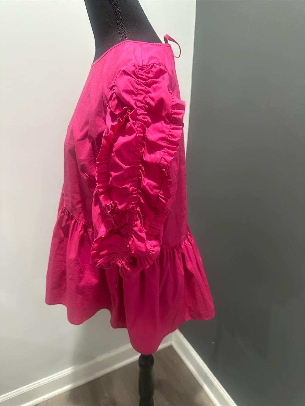 Puff-Sleeve Peplum Blouse in Hot Pink - Picture 2 of 4